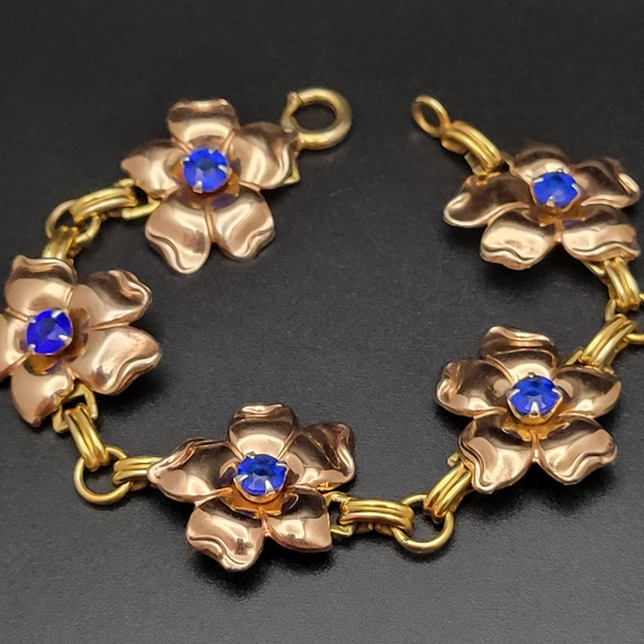 Jewelry - Mid Century Vintage Floral Gold Filled Bracelet with Blue Vibrant Rhinestones 7"